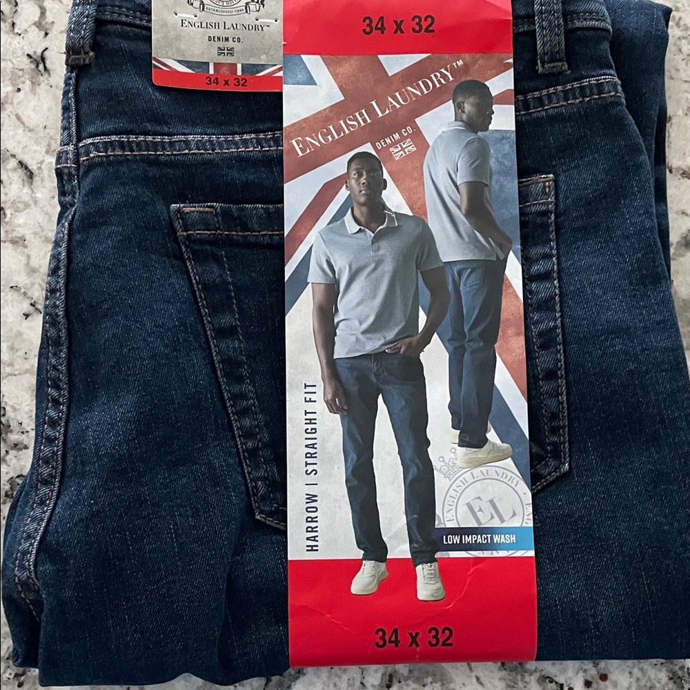 English Laundry Men's Dark Blue Jeans, 34 X 32 NWT Harrow Straight Fit stretchy